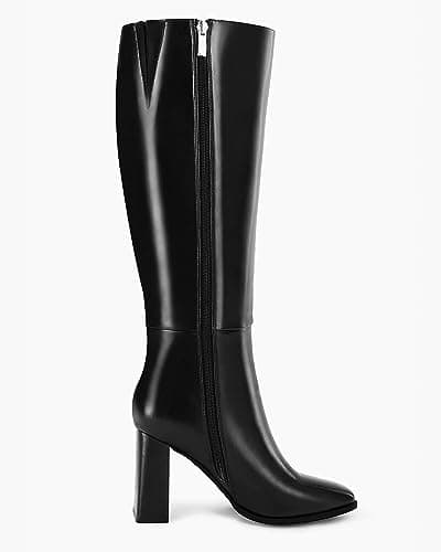 Coutgo Womens Wide Calf Knee High Boots Chunky High Heel Square Toe Fashion Leather Shoes with Side Zipper,Black,Size 6.5 - Thumbnail 4