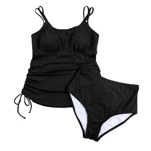 ANFILIA Womens Two Piece Tankini Swimsuits Tummy Control Bathing Suit Top with Bottom Tie-Side Drawstrings Swimsuit Black - Thumbnail 4