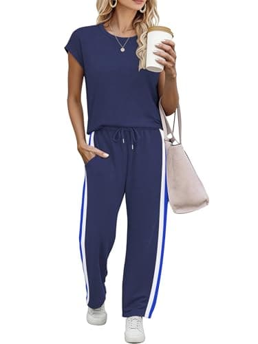 Casly Lamiit Two Piece Sets for Women Crew Neck Lounge Sets Short Sleeve Vacation Outfits Matching Sets Clothing Navy Blue XS - Image 1