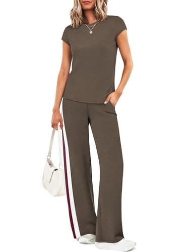 Casly Lamiit Women's 2 Piece Outfits Travel Set Track Suits Casual Shorts Workout Set Short Sleeve Crew Neck Jumpsuits Coffee XS - Image 1