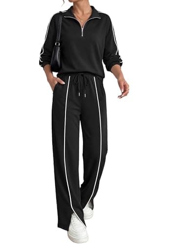 BTFBM Two Piece Sets for Women Fall Fashion 2026 Long Sleeve Half Zip Lounge Set Wide Leg Pants Vacation Airport Outfits (Black,Small) - Image 1