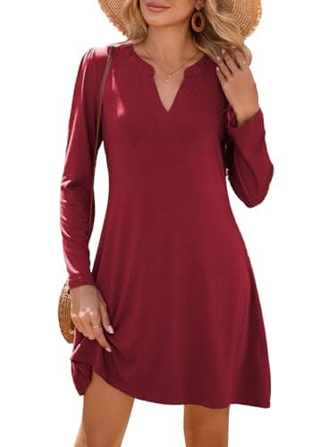 Dokotoo Women's Casual Long Sleeve Dress Flowy A-Line Swing Spring Dresses for Women 2026 Elegant Solid Color V Neck Work Fashion Outfits Dark Red Small - Image 1