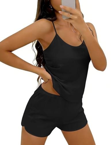 Ekouaer Summer Cami Pajama Set 2 Piece Cute Criss Cross Back Tank and Shorts Valentines Lingerie Sleepwear for Women Black