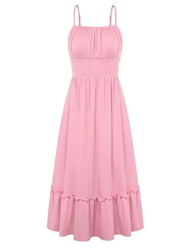 GRACE KARIN Women Summer Maxi Dress Spaghetti Strap Smocked Waist Cami Dress Sleeveless Beach Swing Sundress with Pockets Pink M - Image 1