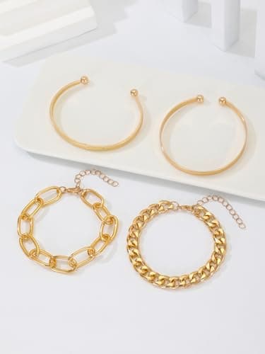 Alegend Bracelets Sets 14K Gold Plated Stackable Bold Link Chains, Romantic LOVE Engraved, Paperclip Cuff, Four-Layered Design - Thumbnail 6