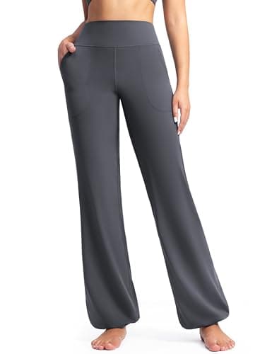 POSHDIVAH Women's Creamluxe Elastic Bottoms Straight Leg Sweatpants High Waisted Casual Pants Yoga Athletic Joggers with Pockets 29" Grey X-Large