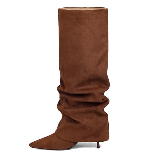 COMFITORIA Womens Knee High Boots, Fold Over Shark Boots Stiletto Heels Slouchy Long Boot Pointed Toe Thigh High Dress Shoes Sexy Fashion Tall Boot for Women with Zipper, Brownsuede, 6 - Image 1