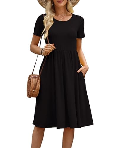 COSSEN Women's 2026 Summer Midi Dress Black X-Large Crew Neck Short Sleeve Casual Tshirt Sundress with Pockets Flowy Loose - Image 1