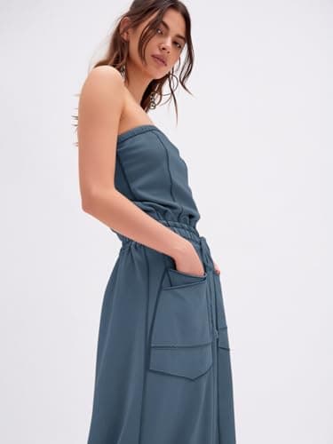 Sexyasasii Tube Top Jumpsuit for Women Strapless Summer Casual Off the Shoulder Long Barrel Pants One Piece Pull on Jumpsuits with Pockets - Thumbnail 3