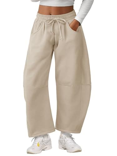 Bellcoco Barrel Sweatpants Women Casual Baggy Elastic Waisted Pants Wide Leg Gym Trousers with Pockets Apricot L