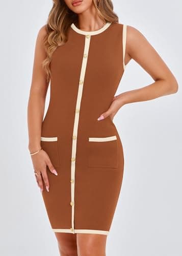 KIRUNDO Women's Work Business Casual Dress 2026 Summer Cocktail Semi Formal Office Elegant Classy Knit Color Block Dresses(Caramel, Small) - Thumbnail 4