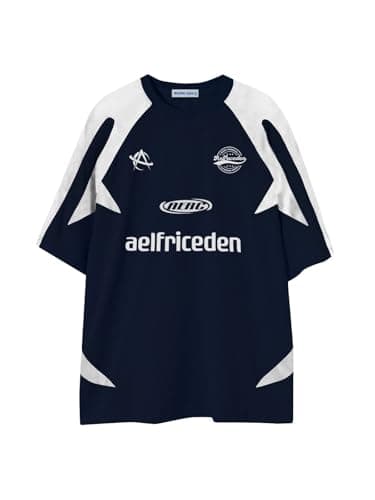 Aelfric Eden Oversized Graphic Tees for Women Color Block Men's T-Shirts Y2k Jersey Casual Vintage Tops Navy Blue - Image 1