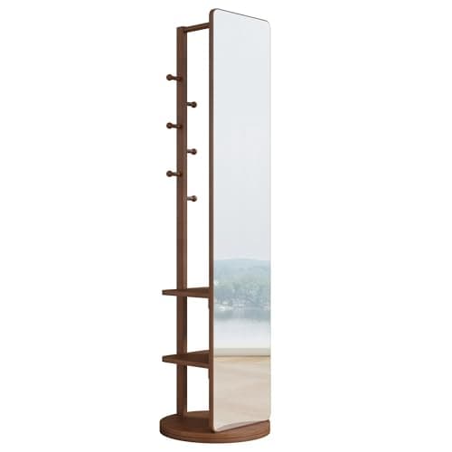 BOWEI Solid Wooden Coat Rack, Free Standing Coat Stand with Full Length mirror, Hall Coat Tree with Hooks and Storage Shelf for Coats, Hats, Bags, for Entryway, Hallway, Bedroom (Walnut) - Thumbnail 2