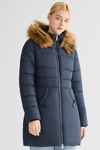 Orolay Winter Coats Women Long Puffer Jacket Windproof Warm Down Coat Parka with Faux Fur Hood, Navyblue, Large - Thumbnail 4
