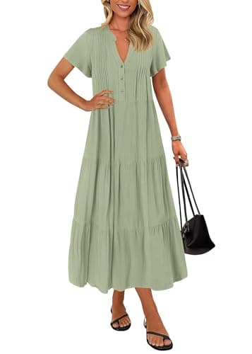 KIRUNDO Summer Maxi Dresses for Women 2026 Spring Fashion Short Sleeve Button V Neck Pleated Loose Tiered Swing Flowy Dress(Bean Green, XX-Large) - Image 1