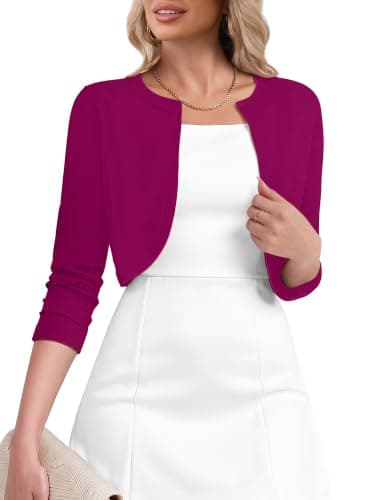 Heymoments Women's Thin Shrugs for Dresses Magenta X-Large Open Front 3/4 Sleeve Knit Lightweight Crop Cardigan Dressy Cropped Tops Coat Sweater Clothes - Image 1