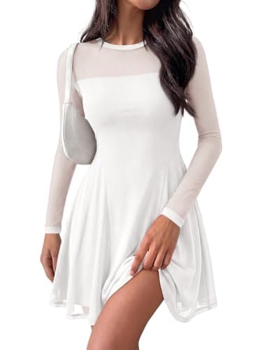 BTFBM Women’s Mini Dress Sheer Mesh Long Sleeve Flowy A Line Casual Cocktail Party Going Out Dresses 2026 Fall Fashion(White, Small)