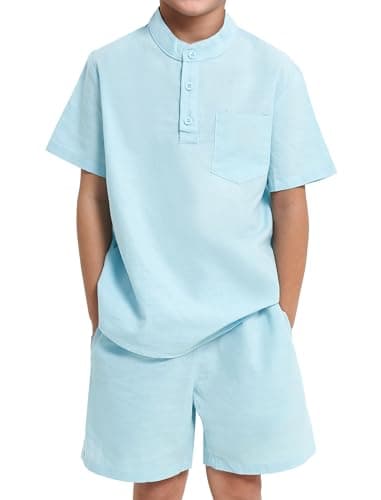 JiAmy Boy's 2 Piece Summer Outfits Casual Henley Button Down Short Sleeve Shirts and Short Sets Kids Clothes Pants Sets - Image 1