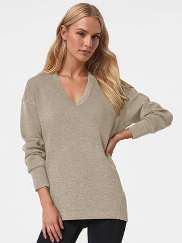 COCOMARTS Womens V Neck Sweatshirts Long Sleeve Casual Shirts Pullover Comfy Tunic Tops 2025 Fall Fashion Outfits Clothes Khaki Medium - Thumbnail 2