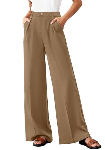 BTFBM Wide Leg Pants Woman 2026 High Waisted Button Business Casual Dressy Trousers Office Work Palazzo Pants Pockets(Khaki, Small) - Image 1