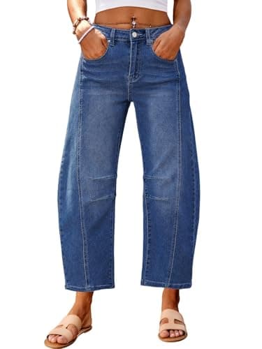 Genleck Barrel Jeans Women Wide Leg Cropped Jeans High Waisted Baggy Boyfriend Mom Denim Ankle Pants with Pockets（Dark Blue,4） - Image 1
