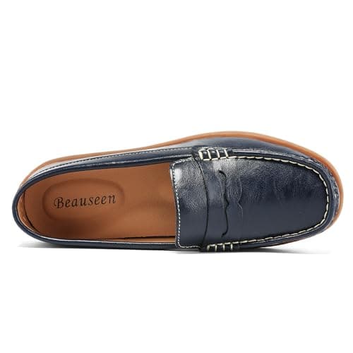 BEAUSEEN Women's Classic Handsewn Penny Loafers - Casual Slip On Moccasin Driving Shoes Lightweight Walking Flats Comfort Women Loafer Shoes, Blue, 8.5 US - Thumbnail 4