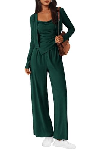 BTFBM Women's Fall Lounge Sets 3 Piece Outfit Tracksuits Casual Long Sleeve Tops High Waisted Sweatpants Set(Dark Green,Small) - Image 1