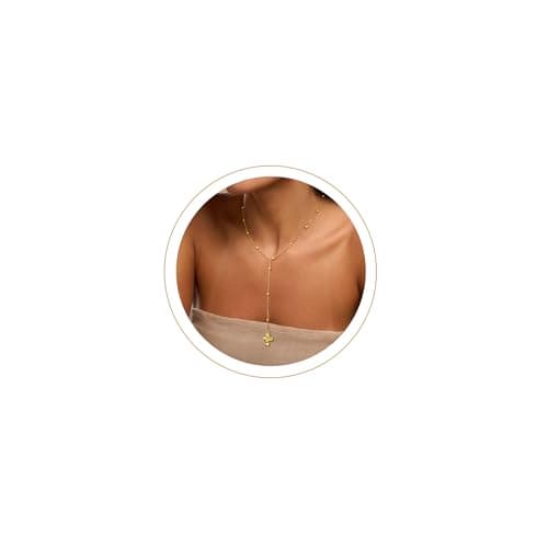 Moodear Long Cross Necklace for Women - 14K Gold Plated Bead Necklaces Lariat Beaded Y Chain Dainty Crucifix Charm Christian Jewelry Easter Gift for Her - Image 1