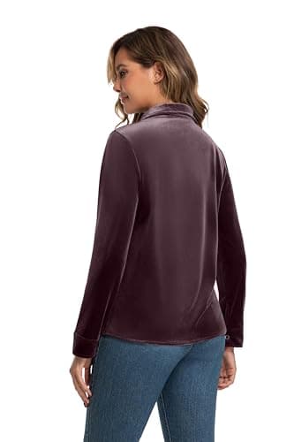 peassa Plus Size Velvet Tops for Women Vintage Casual Long Sleeve Button Down Shirts for Pockets Purple Gray - Thumbnail 3