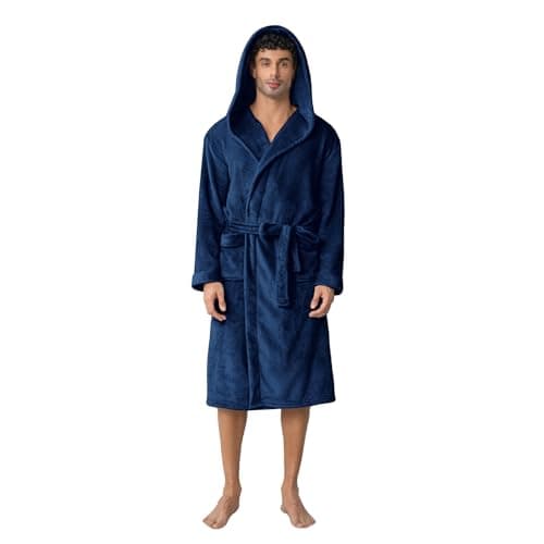 Lagtew Men's Hooded Fleece Bathrobe, Absorbent Anti-Static Plush Robe for Men with Pockets, Warm Soft for Home,NAVY,2XL/3XL - Image 1