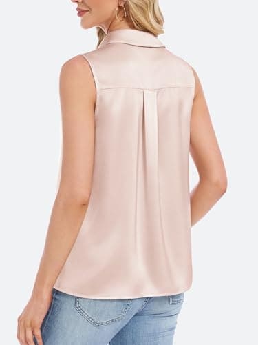 Funlingo Button Down Silk Shirts for Women Satin Button Down Sleeveless Blouse Summer Loose Fit Tank Tops Elegant Work Clothing 2026 Light Pink 2XL - Thumbnail 5