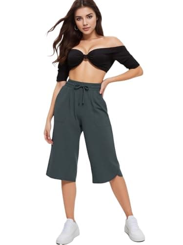 gaimoliso Drawstring Capri Pants for Women Casual Wide Leg Yoga High Waist Capri Pants Pockets Loose Soft Sweatpants Capris-Black - Thumbnail 3