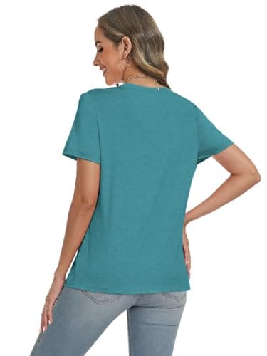 YESTTO Womens V Neck Summer Tops Short Sleeve T Shirts Loose Fit Casual Tee Trendy Basic Tops Lightweight Breathable Fashion Clothes 2026 Cyan - Thumbnail 6