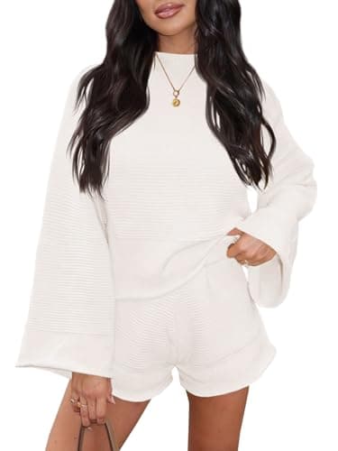 Tankaneo Womens 2 Piece Short Sets Bell Sleeve Mock Neck Oversized Sweater and Shorts Fall Sweater Sets Lounge Matching Set - Image 1