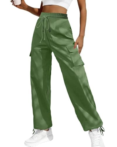 Bsubseach 2026 Linen Harem Cargo Pants Women Wide Leg Parachute Boho Drawstring High Waist Flowy Beach Outfits with Pockets(3 Olive Green, Medium) - Image 1