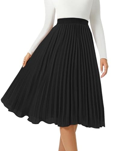 SLOWCOLIN Women's Midi Skirt Elastic High Waist Pleated Skirt Knee Length Swing A-Line Casual Flowy Skirts 2025 Black,M - Image 1