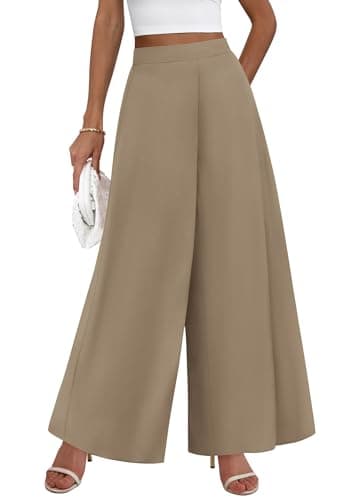 KIRUNDO Palazzo Pants for Women Dressy 2026 Summer Wide Leg High Waisted Business Casual Work Trousers Slacks with Pockets(Khaki, Large) - Image 1
