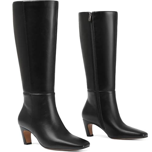 Tarkwa Kitten Heel Knee High Boots Women Square Toe Long Tall Boots Faux Leather Low Heel Boot Fashion Dress Casual Elastic Boots with Side Zipper(Black, 8.5) - Image 1
