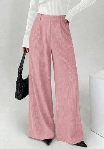 BTFBM Wide Leg Pants for Women Dressy Work Business Casual Elastic High Waisted Trousers Ribbed Lounge Palazzo Pants(Pink, XX-Large) - Thumbnail 4