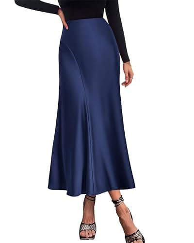KIRUNDO Women Spring Summer Satin Maxi Skirt 2026 Trendy High Waisted Wedding Cocktail Party Work Silk A-Line Formal Skirts(Medium, Navy) - Image 1