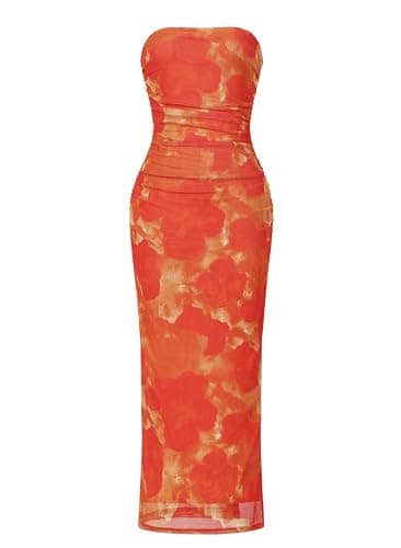 OutfitShow Womens Summer Bodycon Maxi Dresses 2026 Floral Strapless Tube Slit Ruched Mesh Cocktail Party Long Dress, Orange Tie Dye M - Image 1