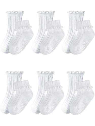 ALLOVIN 6 Pairs Non-Slip Ruffle Socks for Baby & Toddler Girls – Soft Cotton Grip Socks | 6 Pairs Off-white | 3-5 Years - Image 1