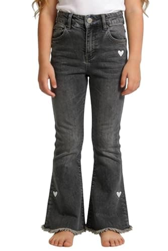 SELINK Girls High Waisted Flared Jeans Heart Embroidery Stretch Denim Pants for Kids 6-15Y Grey 10 - Image 1