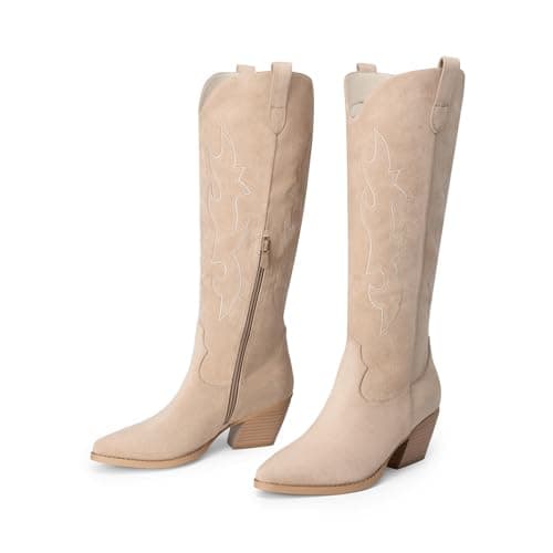DREAM PAIRS Cowgirl Boots Women Knee High Cowboy Boots Pointed Toe Chunky Block Heel Suede Tall Western Boots with Embroidered,Size 8.5,Nude,SDKB26001W - Thumbnail 6