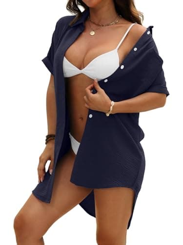 GKBK Women Swimsuit Coverup Shirt Dress Button Down Bathing Suit Cover Up Beachwear Navy Blue S - Thumbnail 4