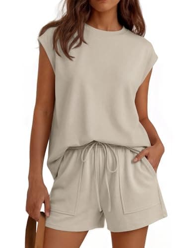 LILLUSORY Womens Lounge Two 2 piece Sets Summer Outfits 2026 Loungewear Matching Vacation Beach Travel Sweatsuits Sweat Tracksuits Pajamas Pjs Clothes Shorts Clothing Fashion Trendy Khaki M - Image 1