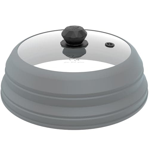 Microwave Splatter Cover Vented Glass Splatter Guard Lid with Collapsible Silicone for Food as Pot Cover Plate 9.8 inch Light Grey