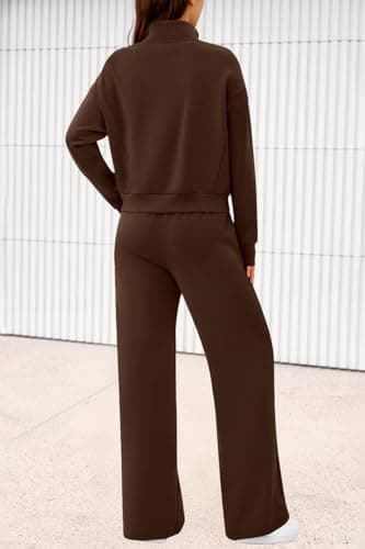 PRETTYGARDEN Women's 2 Piece Outfits Spring Sweatsuits Zip Up Sweatshirt Wide Leg Sweatpants Casual Tracksuit Lounge Sets(Brown,Medium) - Thumbnail 5