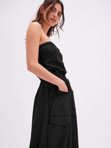 Sexyasasii One Piece Jumpsuits for Women Strapless Off Shoulder Long Wide Leg Pants Drawstring Summer Casual Tube Top Jumpsuit with Pockets - Thumbnail 3