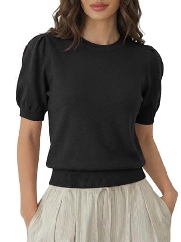 LaGracia Womens Cropped Sweater Puff Short Sleeve Spring Summer Work Tops Crew Neck Sweaters Black S